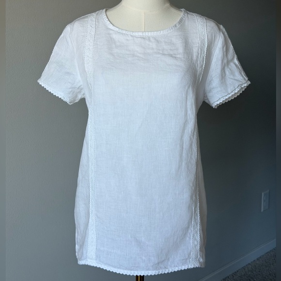 Chic Laura Bianchi White Linen Back Buttons Lace Trim Short Sleeve Women's Top-S - Picture 2 of 15
